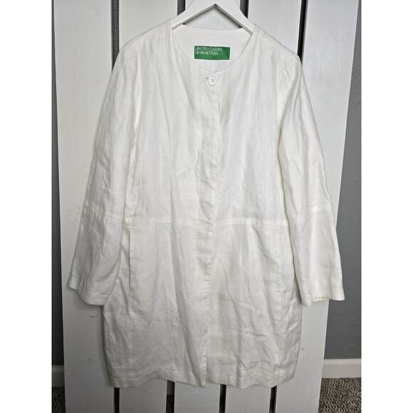 United Colors of Benetton White Button Up Linen Jacket Coat 10 Lagenlook Coastal - Picture 1 of 13